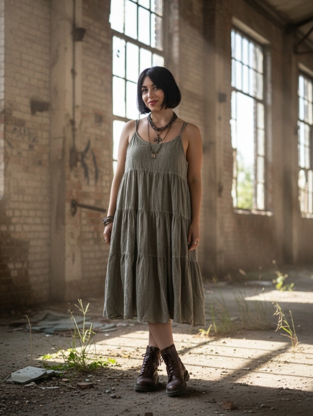 Dee No Apparel Grunge Distressed Tiered 100% Cotton Prairie Cami Midi Work Dress